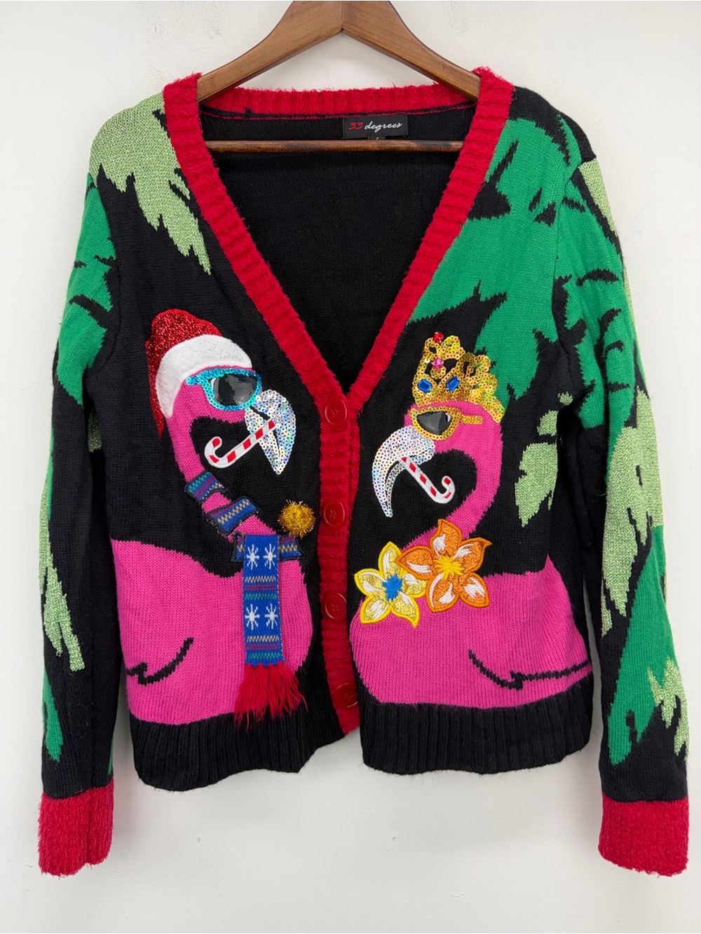33 Degrees size Large Women’s Tropical Flamingo Ugly Christmas Cardigan Sweater